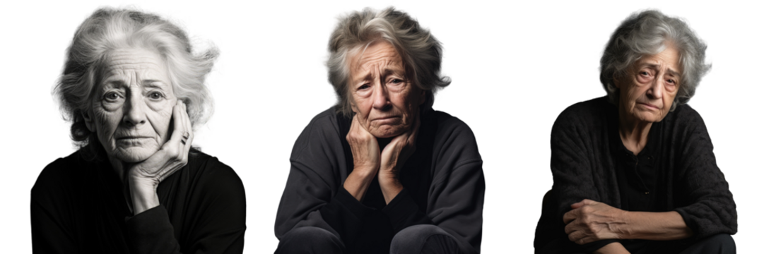 Lonely elderly lady with memory loss experiencing old age problems transparent background Copy space available