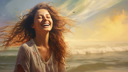 Blissful woman on a beach vacation, smiling broadly with joy and gratitude, embodying happiness by...
