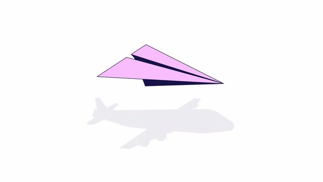 Paper plane shadow line 2D object animation. Transformation change flat color cartoon 4K video, alpha channel. The way forward. Beginnings. Origami transport animated item on white background
