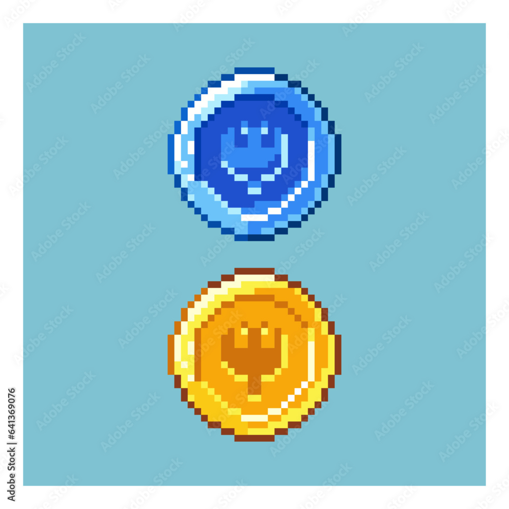 Aufkleber pixel art sets of coin, blue coin and gold coin in pixelated art style. 8bits pixel simple asset, fo