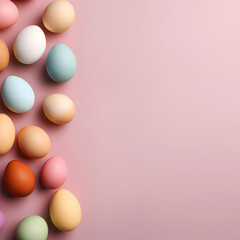 Naklejka na ściany i meble Easter colourful eggs on pink pastel background. Minimal concept.