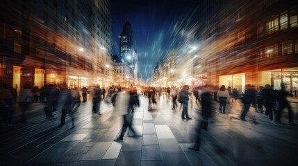 Motion blur of people walking down the street in big city at night