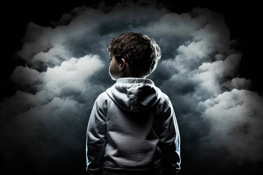 a kid looking at his fears, alone and fighting hard, hyper realistic, ocatne render, clouds of fear, trapeed in himself, dark thoughts, generative Ai