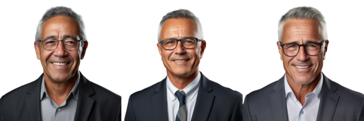 Close up portrait of a cheerful elderly businessman wearing glasses looking at the camera on a transparent background