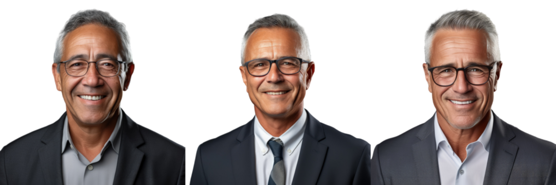 Close up portrait of a cheerful elderly businessman wearing glasses looking at the camera on a transparent background - Powered by Adobe