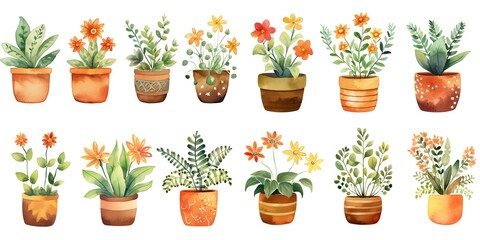 watercolor painting style illustration of cute boho flower pot plants collection set, Generative Ai