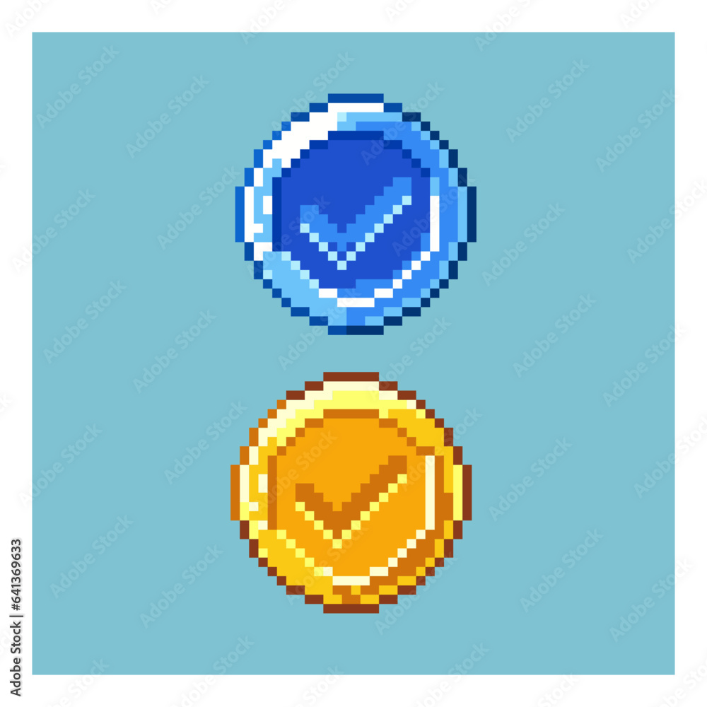Aufkleber pixel art sets of coin, checklist blue coin and gold coin in pixelated art style. 8bits pixel simple