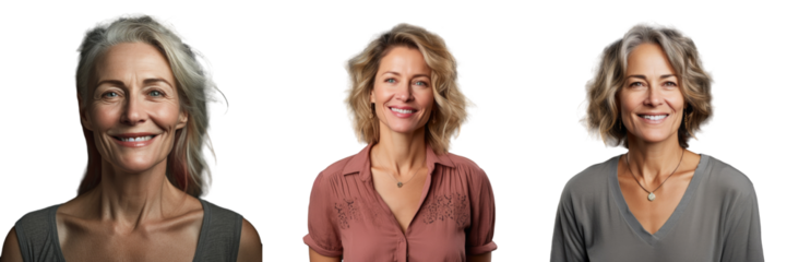 Smiling middle aged woman poses against a transparent background