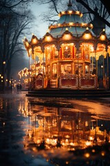 Carousel in evening light with reflections on wet street. moody