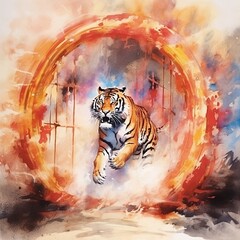 Angry tiger jumping through the fire, circus . illustration created with generative AI technologies