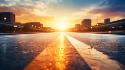 Blurry of road in the middle of asphalt road at sunset. Concept of planning and challenge or career path, business strategy, opportunity and change. New year or start straight concept - obrazy, fototapety, plakaty