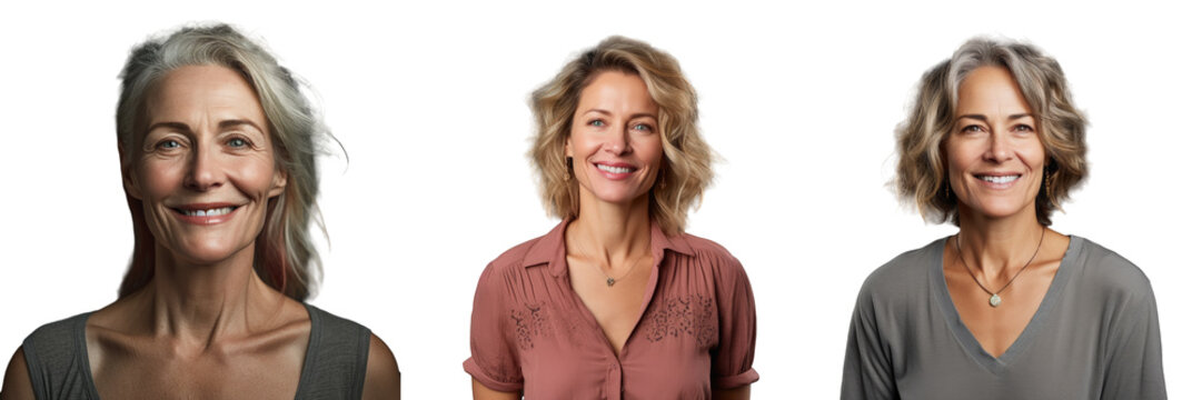 Smiling middle aged woman poses against a transparent background