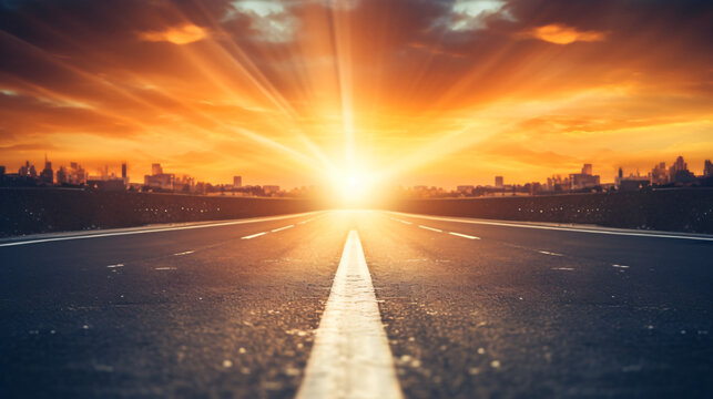 Blurry of road in the middle of asphalt road at sunset. Concept of planning and challenge or career path, business strategy, opportunity and change. New year or start straight concept