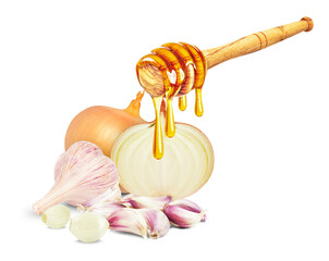 dripping honey on garlic and onion isolated on white