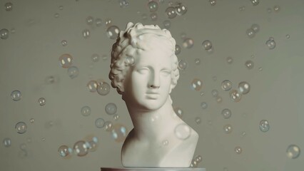 Closeup shot. Ancient marble bust statue of roman era woman, soap bubbles flying around. Isolated...