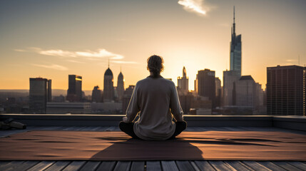 Man on a city rooftop, yoga mat spread before him. He is in a serene pose, his body forming elegant lines against the backdrop of the urban skyline