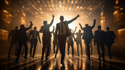 Silhouette of a group of joyous excited men dancing in luxury trendy club for an afterwork party with golden light