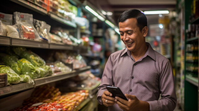 Convenient Store Owner Looking At Stocks On His Phone In An Alley Of The Shop