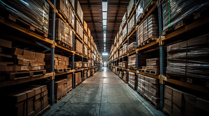 Interior of modern warehouse storage of retail shop with pallet on shelves