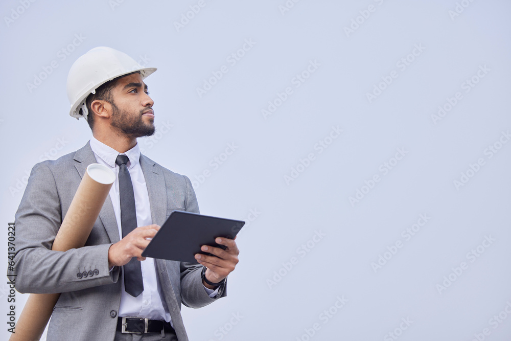 Poster man, architect and thinking with tablet on mockup in construction planning on a studio background. p