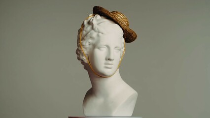 Closeup shot. Ancient marble bust statue of roman era woman in small straw hat. Isolated on grey...