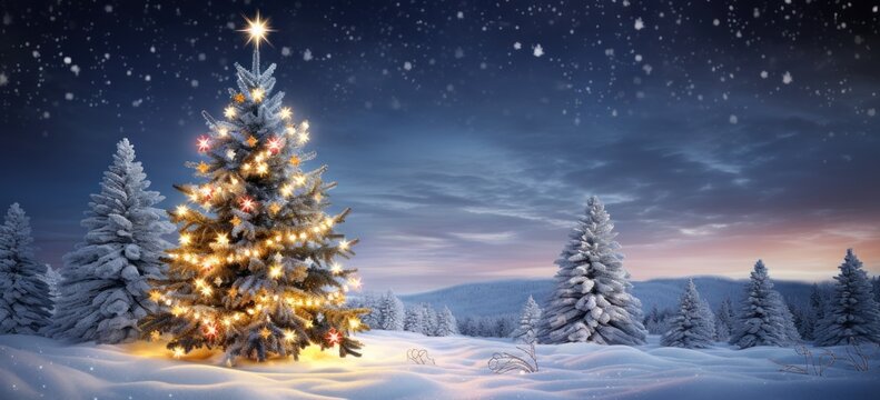 Merry Christmas scene with snowy tree. Concept of festive design.
