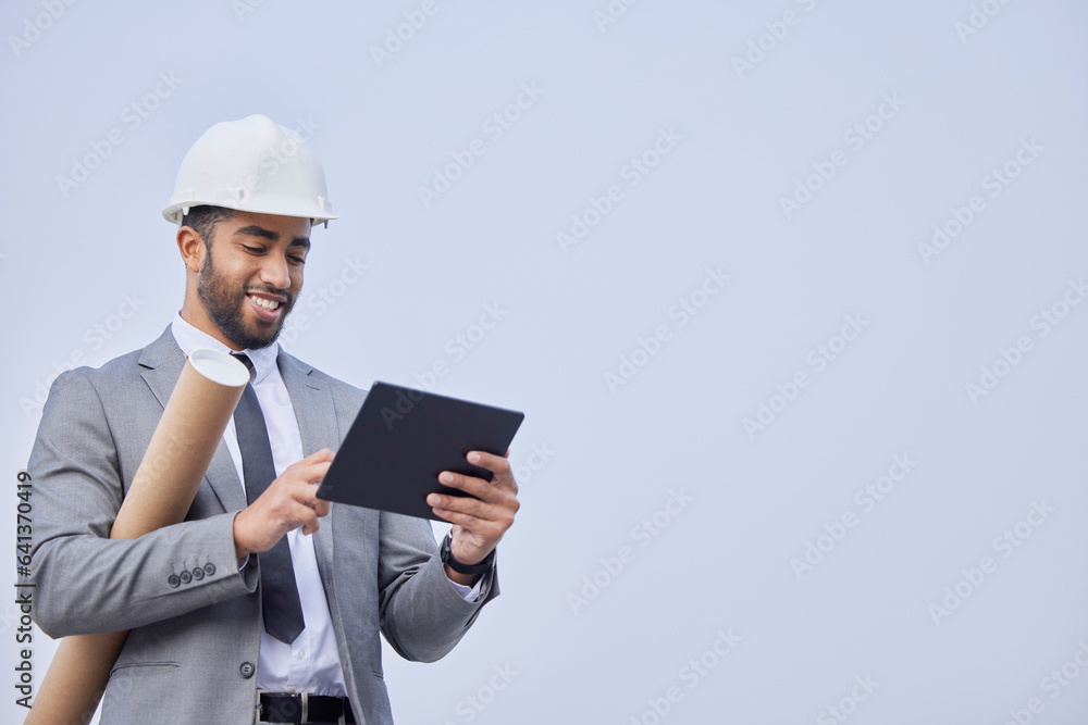 Poster happy man, architect and tablet on mockup in construction planning on a studio background. person, e