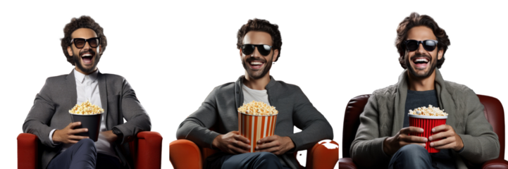 Happy young man enjoying leisure and entertainment with 3d glasses and popcorn