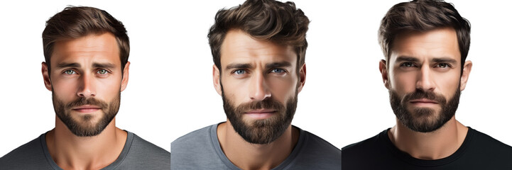 Portrait of an attractive calm bearded man with flawless skin isolated on a light transparent background