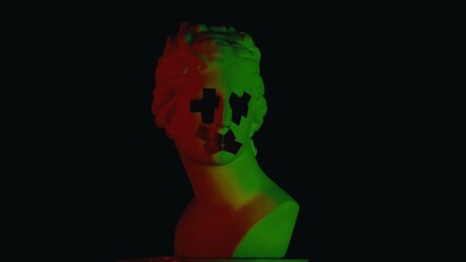Closeup shot. Ancient marble bust statue of roman era woman with sticky tape on eyes and lips on a platform. Isolated on black background.