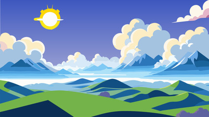 Cartoon landscape with mountains and clouds in the background and a sun in the sky above the clouds and a green field, plain background, a matte painting, environmental art. Cartoon anime background.