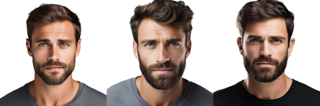 Portrait of an attractive calm bearded man with flawless skin isolated on a light transparent background