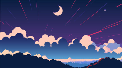 Night sky with clouds and a crescent in the middle of it and a half moon in the distance, night sky, vector art, space art. Cartoon anime background. Vector illustration. Cartoon anime background.