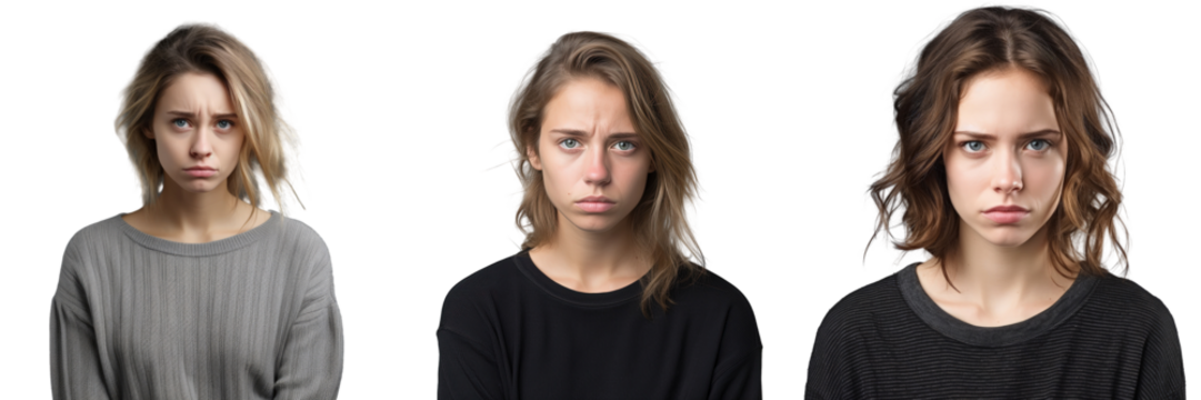 Unhappy young white woman sarcstically looking at the camera in transparent background