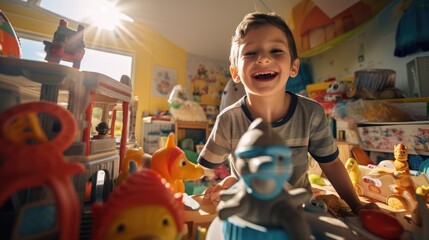 Fototapeta premium Kid with excited face surrounded toys in his room. Generative AI