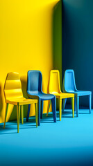 Bright blue and yellow chairs, generative AI.