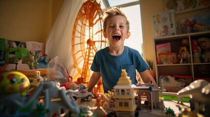 Kid with excited face surrounded toys in his room. Generative AI