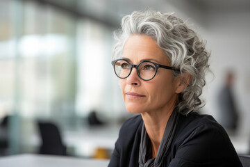Professional middle aged woman wears glasses looking out , grey hair, office setting background