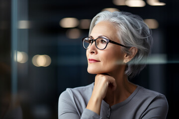 Professional middle aged woman wears glasses looking out , grey hair, office setting background