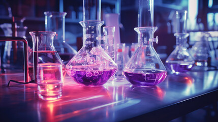 Chemical reagent bottles, scientific experiment bottles of various shapes, sizes on the table. Generative AI