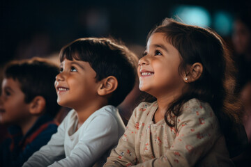 Side view of a children audience enjoying a kids concert or movie with happy smiling faces - obrazy, fototapety, plakaty