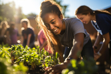 Teen girls at a community garden, planting and gardening together
