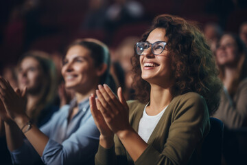 Woman in a audience in a theater applauding clapping hands. cheering and sitting together and having fun