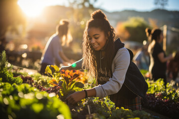 Teen girls at a community garden, planting and gardening together