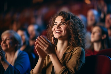 Woman in a audience in a theater applauding clapping hands. cheering and sitting together and having fun - obrazy, fototapety, plakaty