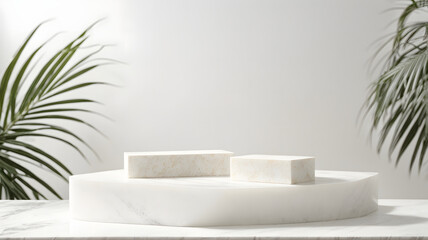 background scene with white marble stone podium for product presentation or showcase