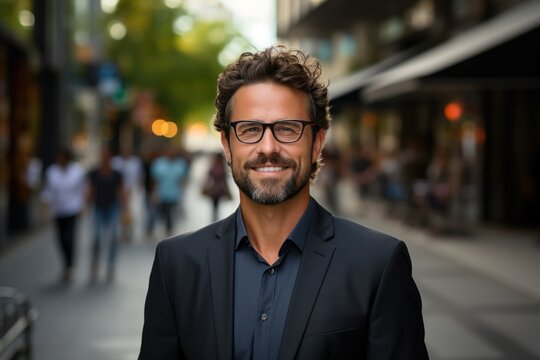 Confident, smiling businessman in urban setting with brown hair and beard. Generated AI