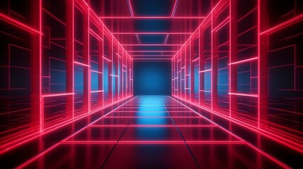 Long hallway with red neon lights is suitable for urban street scenes, nightlife, cyberpunk concepts, or futuristic interior designs.