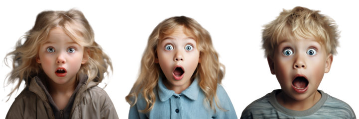 Blond child with blue eyes looking shocked on a transparent background