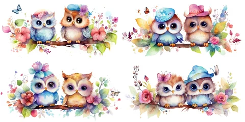 Fotobehang watercolor style illustration of cute owl bird wearing winter woven cap, collection set, Generative Ai © QuietWord